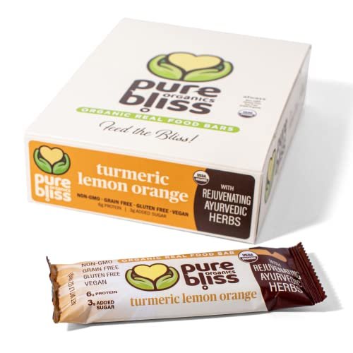 41eByoibl7L.jpg Organic Real Food Bars (Turmeric Lemon Orange) Grain Free - Paleo Friendly - Non-GMO, Gluten Free, Vegan, Nutrition Bars, Super Food Energy Bars, Ayurvedic & Adaptogen Herb Blend, Healthy Snack, Breakfast Bars, Dairy Free, Soy Free, Pure Bliss Organics (1 - Image 1